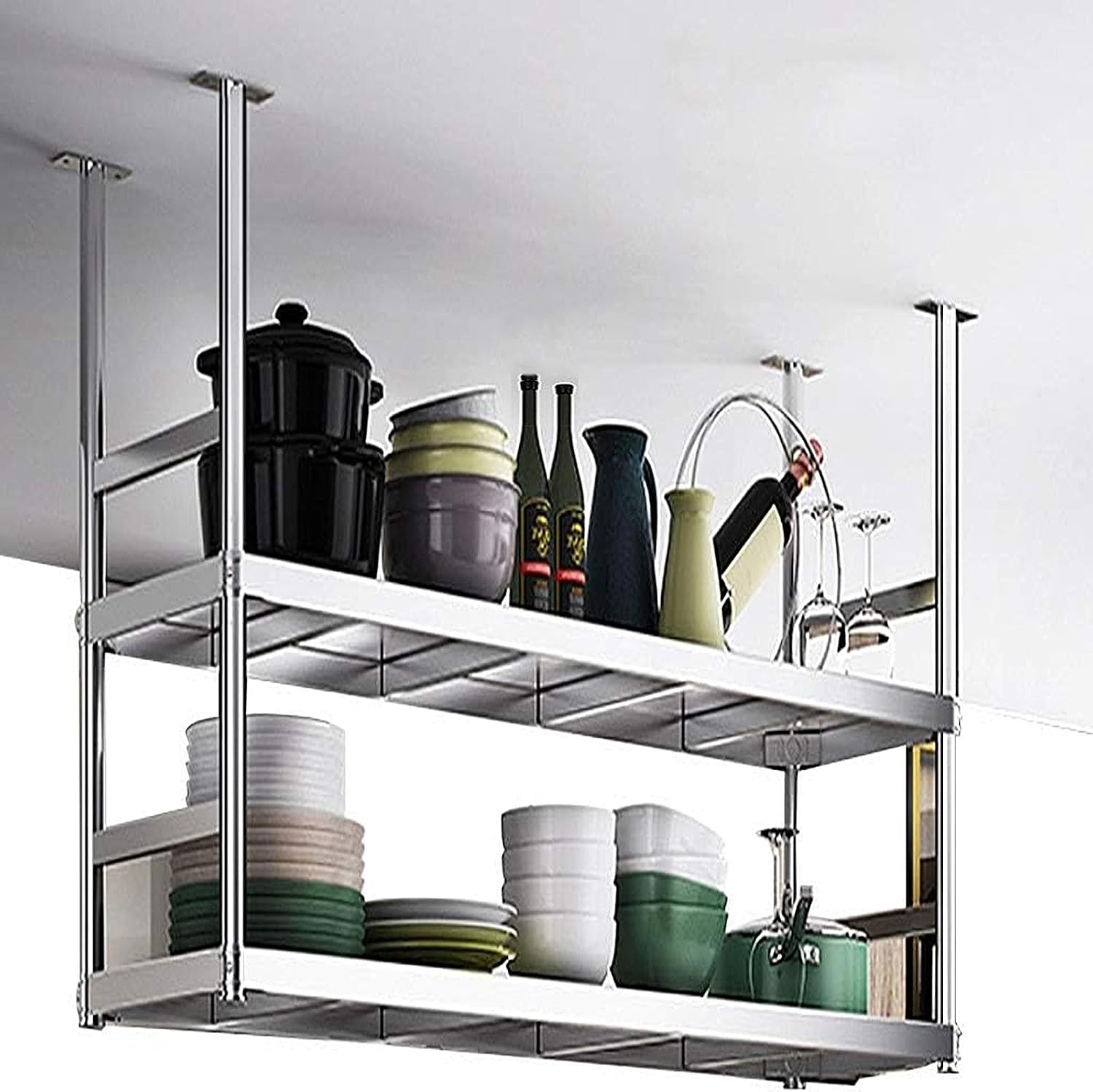 Hanging Storage Shelves - Ceiling Floating Shelf, Silver Stainless Steel 2-Tier Wine Rack with Guardrail, Tableware Organizer for Bar/Living Room/Balcony, Easy to Clean(60 * 35 * 80cm)