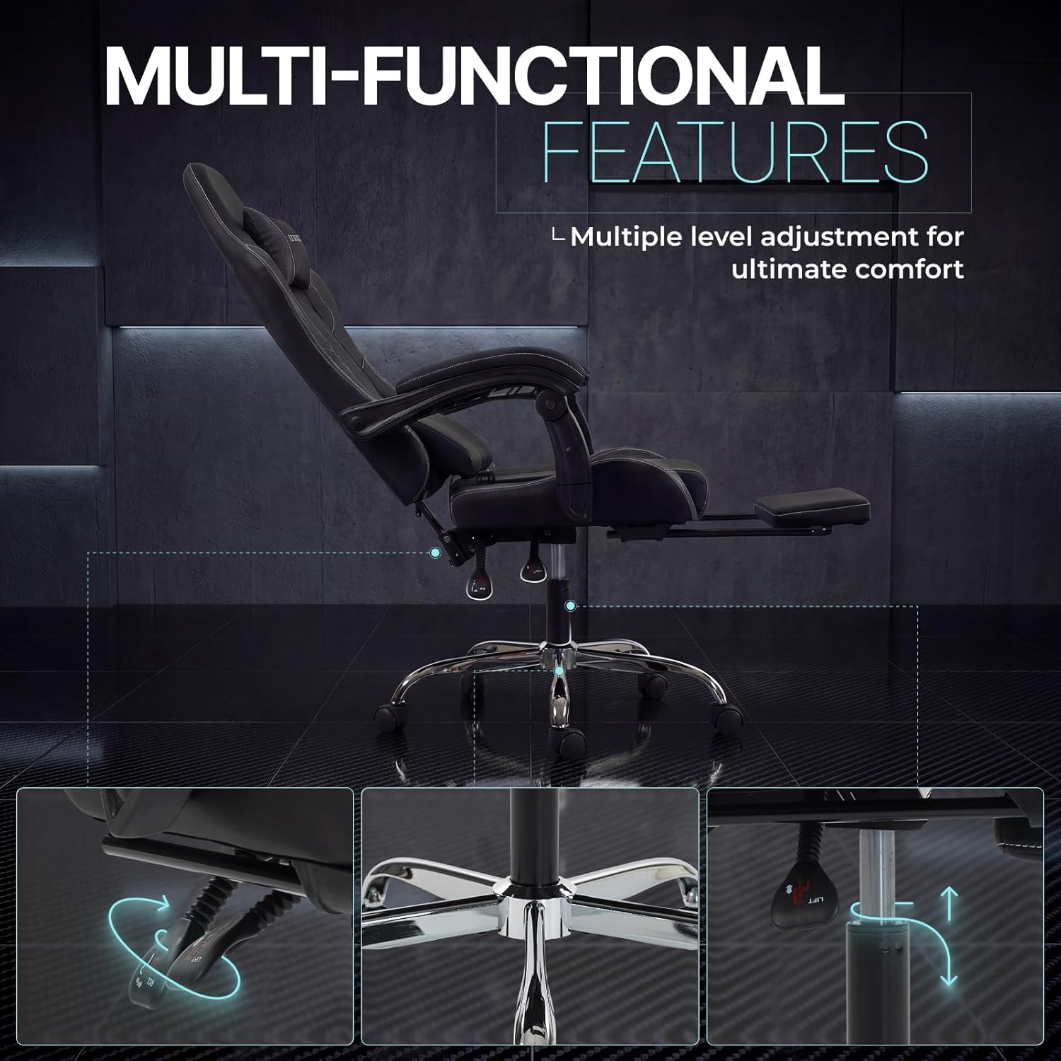 Dowinx Gaming Chair Ergonomic, Massage Lumbar Support, Footrest, Adjustable Height & Headrest Pillow, Heavy Duty 330lbs Office Chair, Comfortable for Back Pain Relief Long Gaming Streaming Black