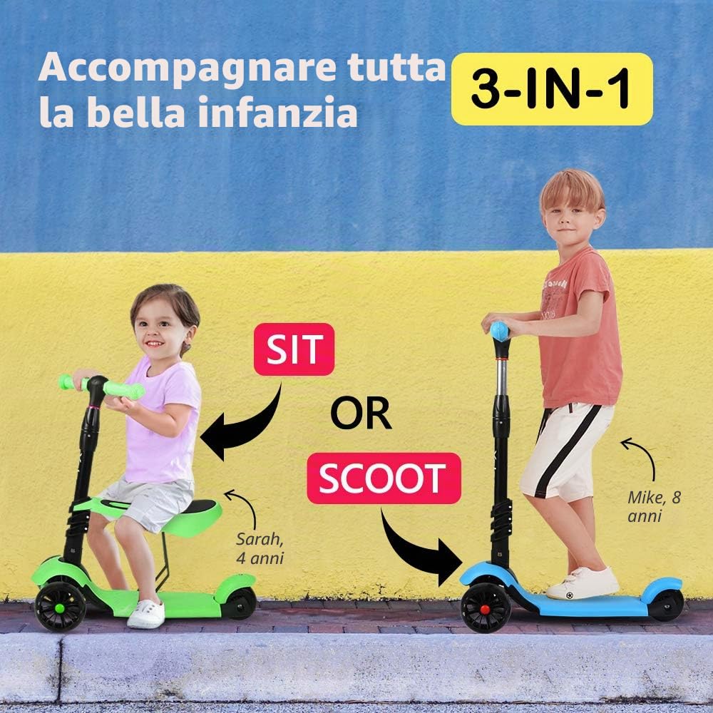 YOLEO Monopattino per Bambini 3-in-1, Monopattino 3 Ruote Lampeggianti in LED, Kids Scooter, Con Sedile Estraibile/Monopattino Bambini 2 a 8 Anni, Carico Massimo 50 Kg, Regalo per Bambini