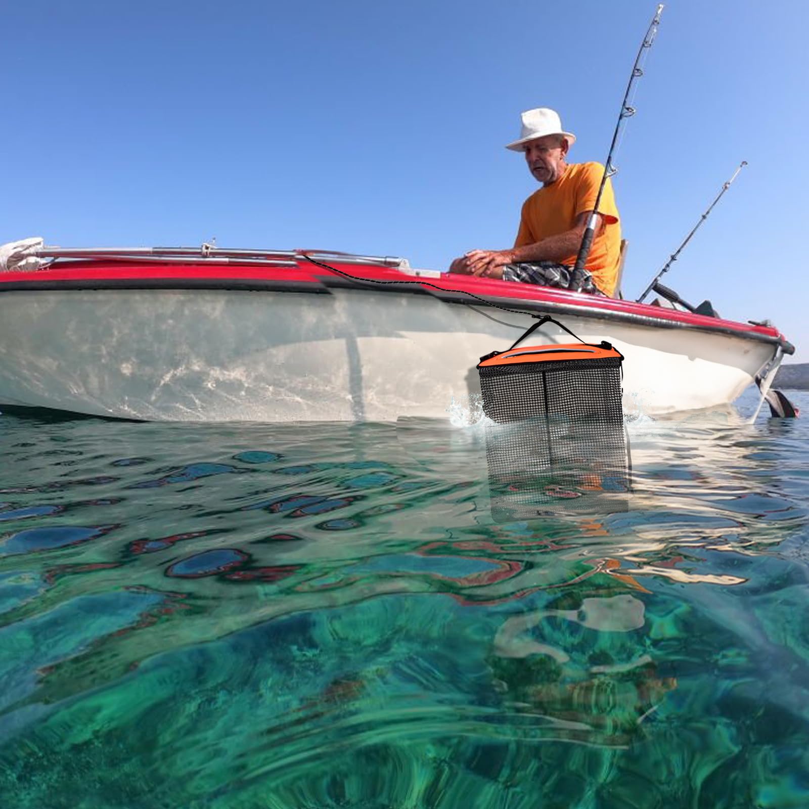 Cedilis Cesta de pesca flotante grande para peces capturados vivos, jaula de red flotante plegable, bolsa de pesca de malla de nailon plegable, portátil, 10 galones, fácil de limpiar