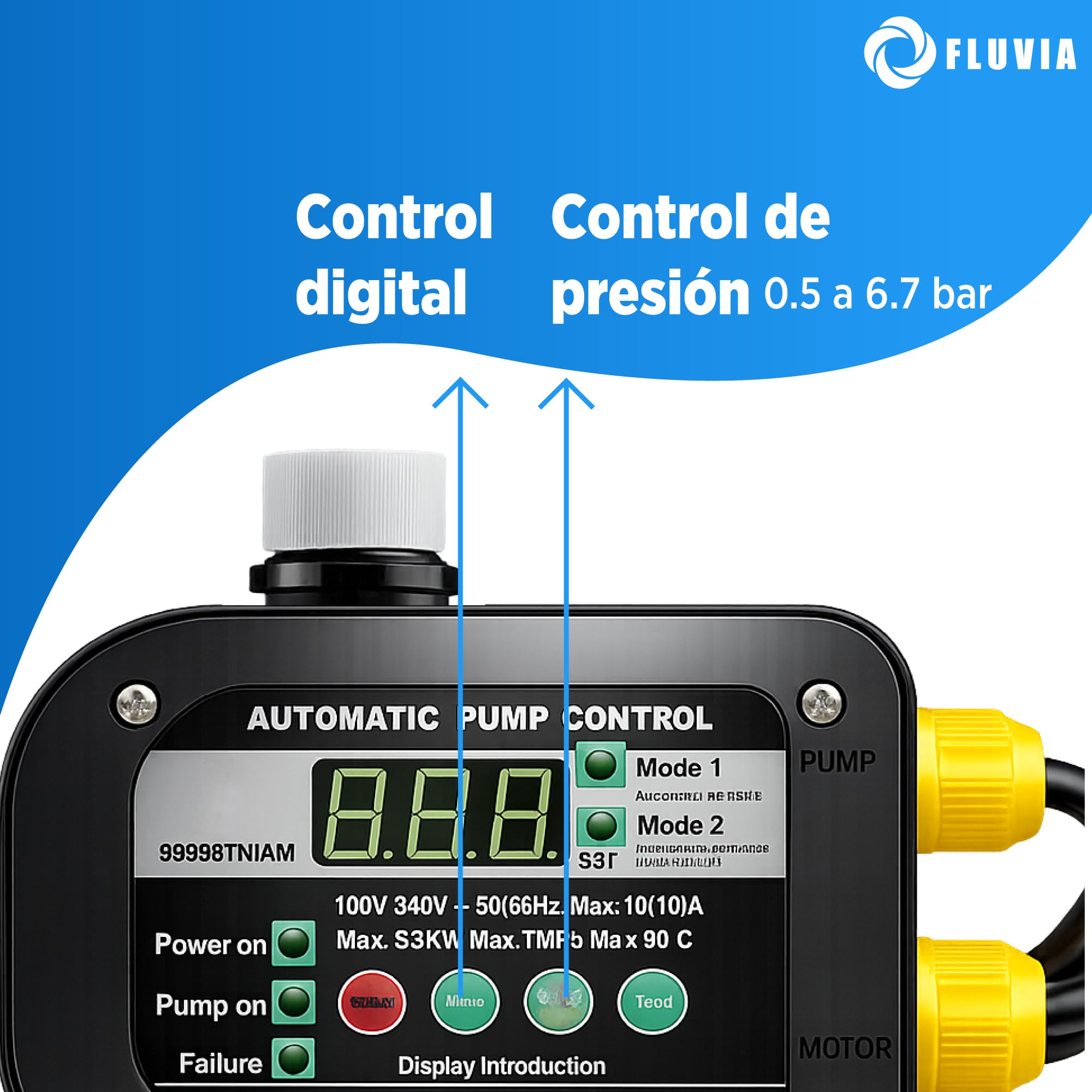 Regulador de Presión Automático Vertical Adjustable 0.5–6.7 bar Presión de Salida Adjustable con Control Digital Presscontrol – Protección Bomba Agua IP65 – Uso Doméstico Agrícola y Civil – FLUVIA