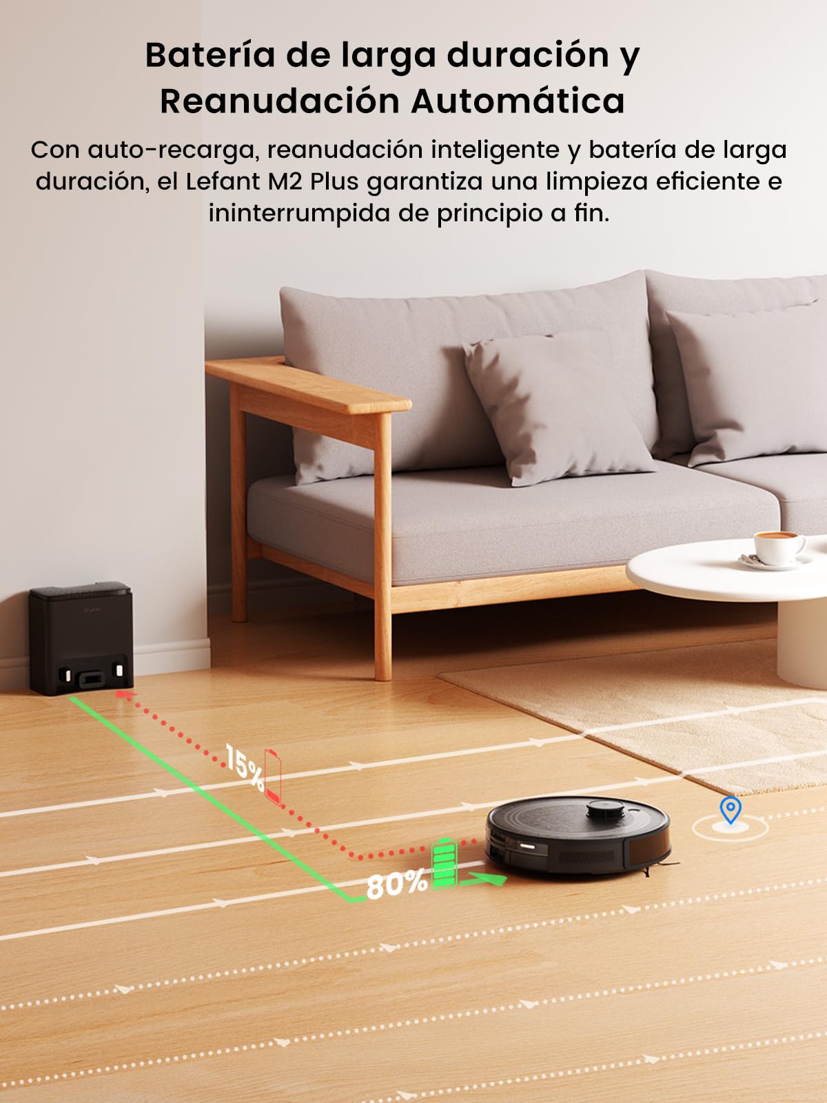 Lefant M2 Plus Robot Aspirador y Fregasuelos con Vaciado Automático Polvo | 6000Pa, 140min Autonomía, Navegación Láser dToF, Mapeo del Hogar, Limpieza Personalizada, WiFi 2,4G/5G/Alexa/App/iWatch