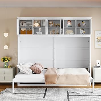 Virubi Queen Horizontal Murphy Bed with Storage Cabinet,Wood Folding Murphy Wall Bed for Adult White,Queen