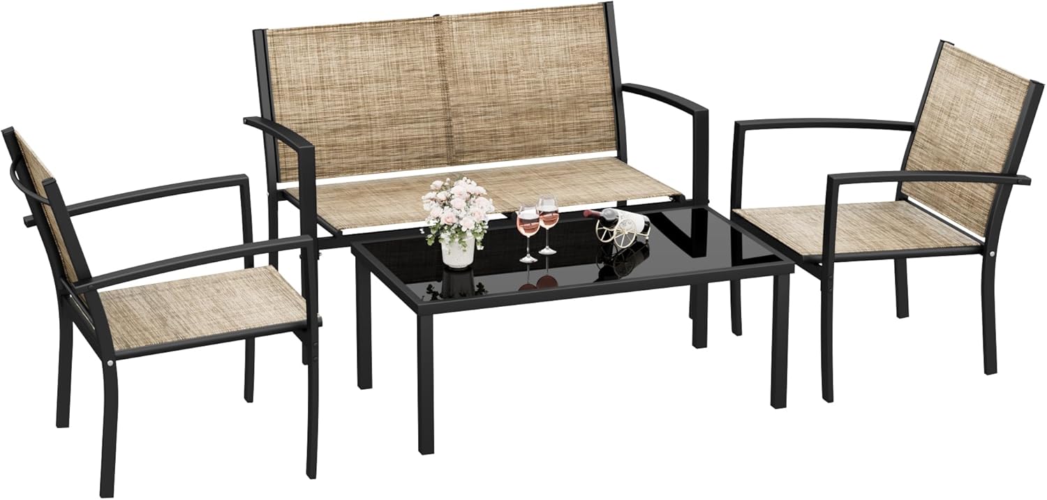 Rankok 4 Pieces Patio Furniture Set Modern Patio Conversation Sets Textilene Outdoor Furniture Patio Chairs Set of 4 with Loveseat Coffee Table for Porch Lawn Pool and Balcony (Beige)