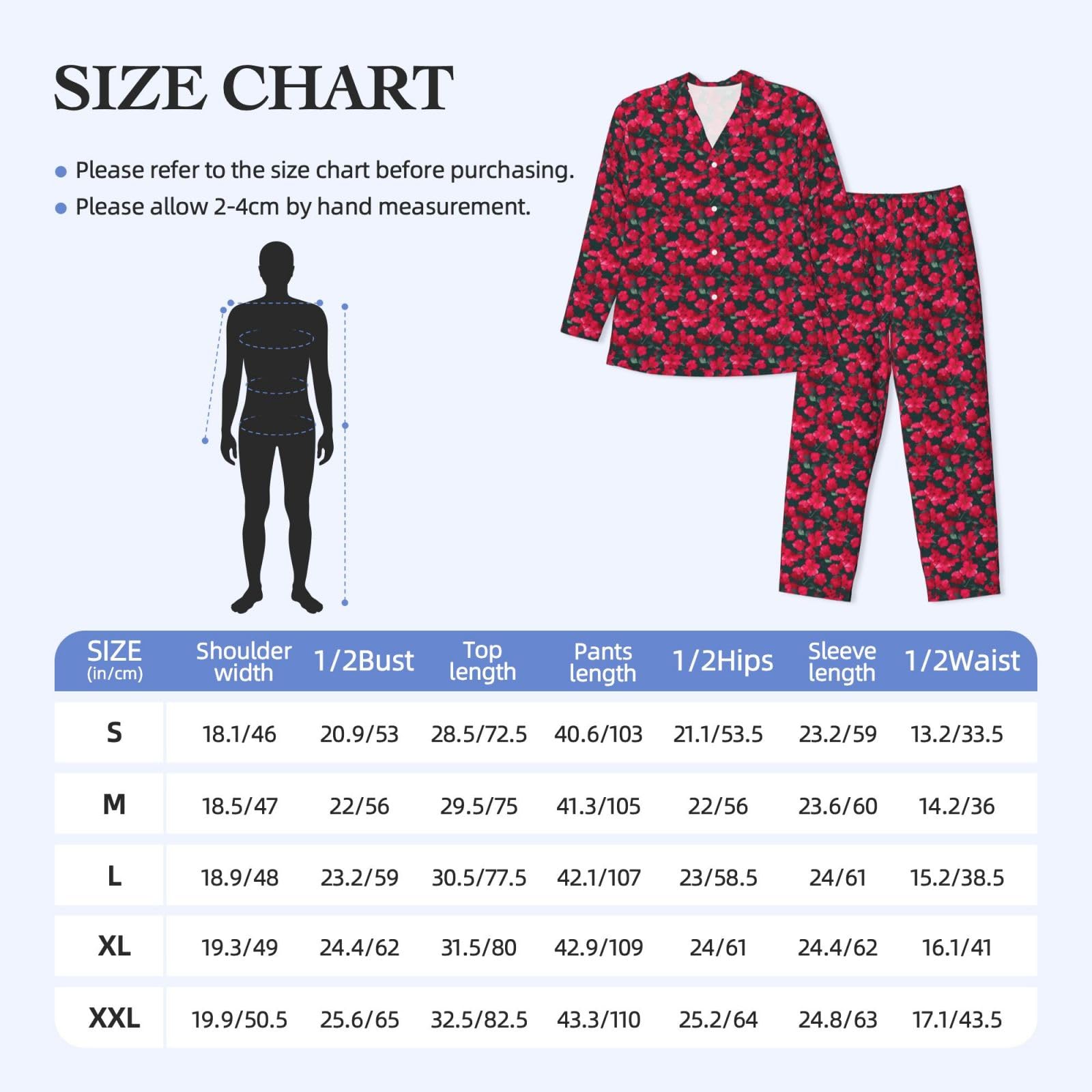 Herren-Pyjama-Set, langärmelig, Rot / Rosa, Blumendruck, zweiteilig, Hauskleidung, bequeme Nachtwäsche