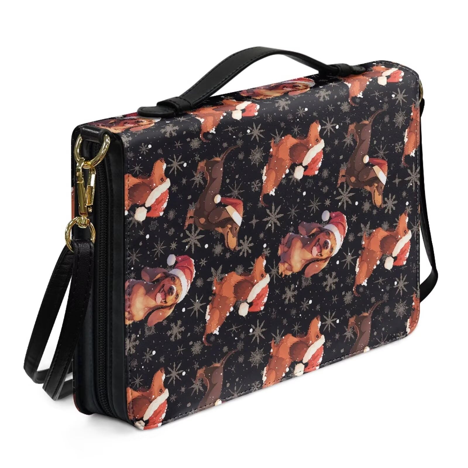 Kuiaobaty Dachshund Dog Bible Cover with Zipper Christmas Santa's Hat Snowflake Shoulder Strap PU Leather Bible Protective Bag for Women, Church Case — image 1