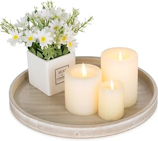 Hanobe Candle Plate Holder Tray: Whitewash Round Wood Candle Plate Decorative Centerpiece Small Tealight Pillar Trays for Living Room Dining Coffee Table Home Decor
