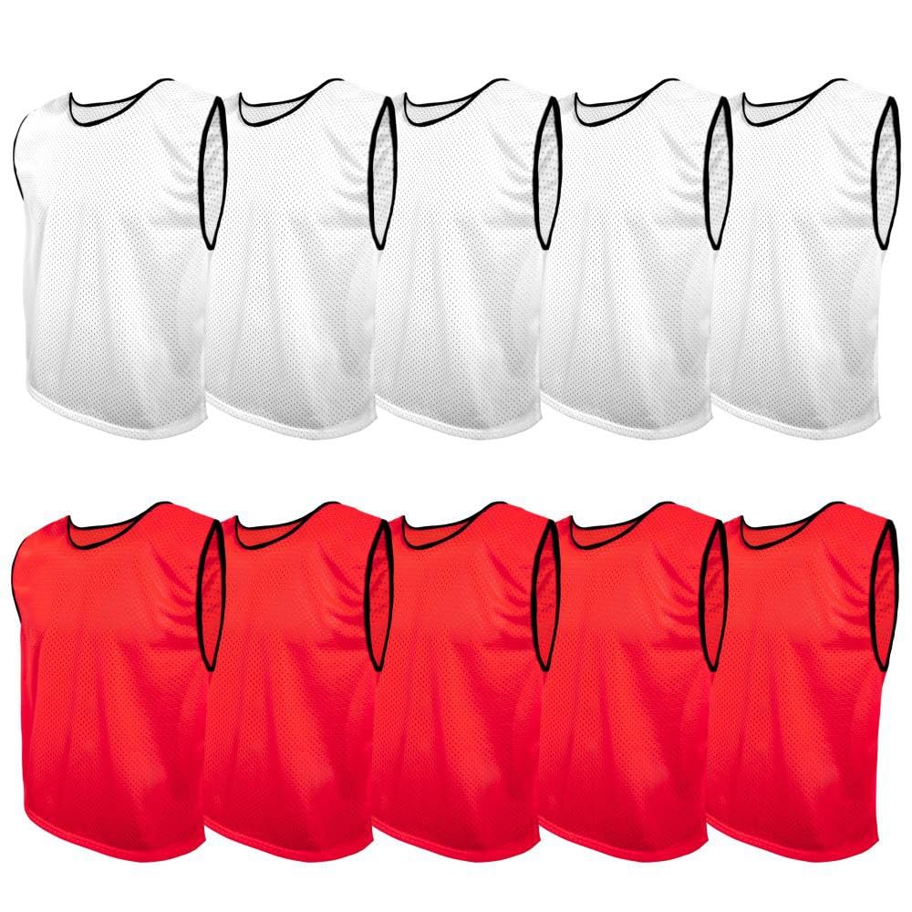 SPORTSBIBS Training Bibs Pack of 10 Football Vests Sports Practice Pinnies Soccer Rugby (5x White + 5x Red, XXL 170-190cm (weight more than 90 kg))