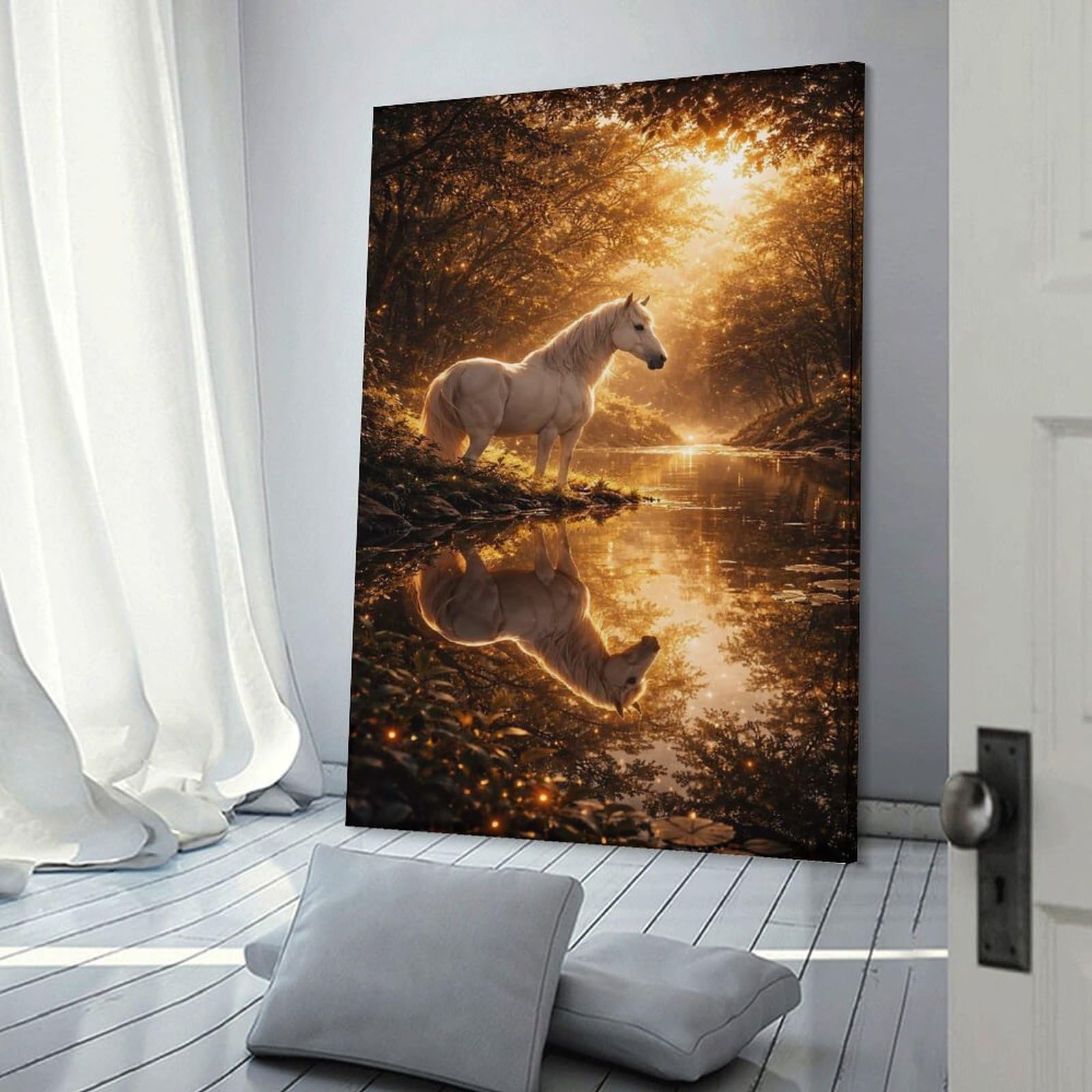 Junmoney Canvas Wall Art Enchanted Forest Horse Reflection, 24x36inch(60x90cm), for Corridors, Hallways Or Apartment Entries, Decorative Canvas Styling for Entry Areas
