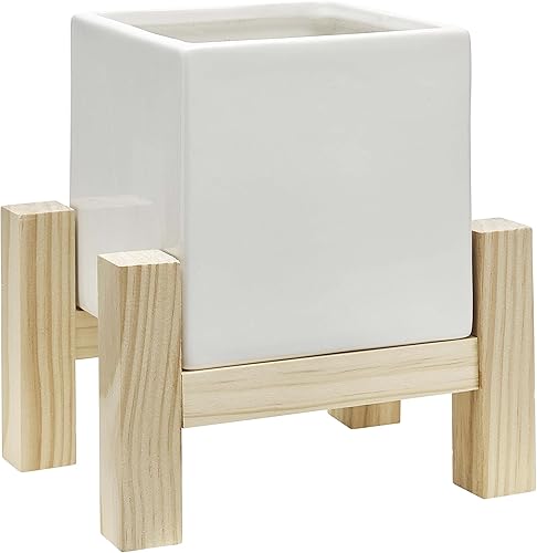 Southern Patio Hemingway - Maceta cuadrada de cerámica para interiores con soporte de madera, color blanco