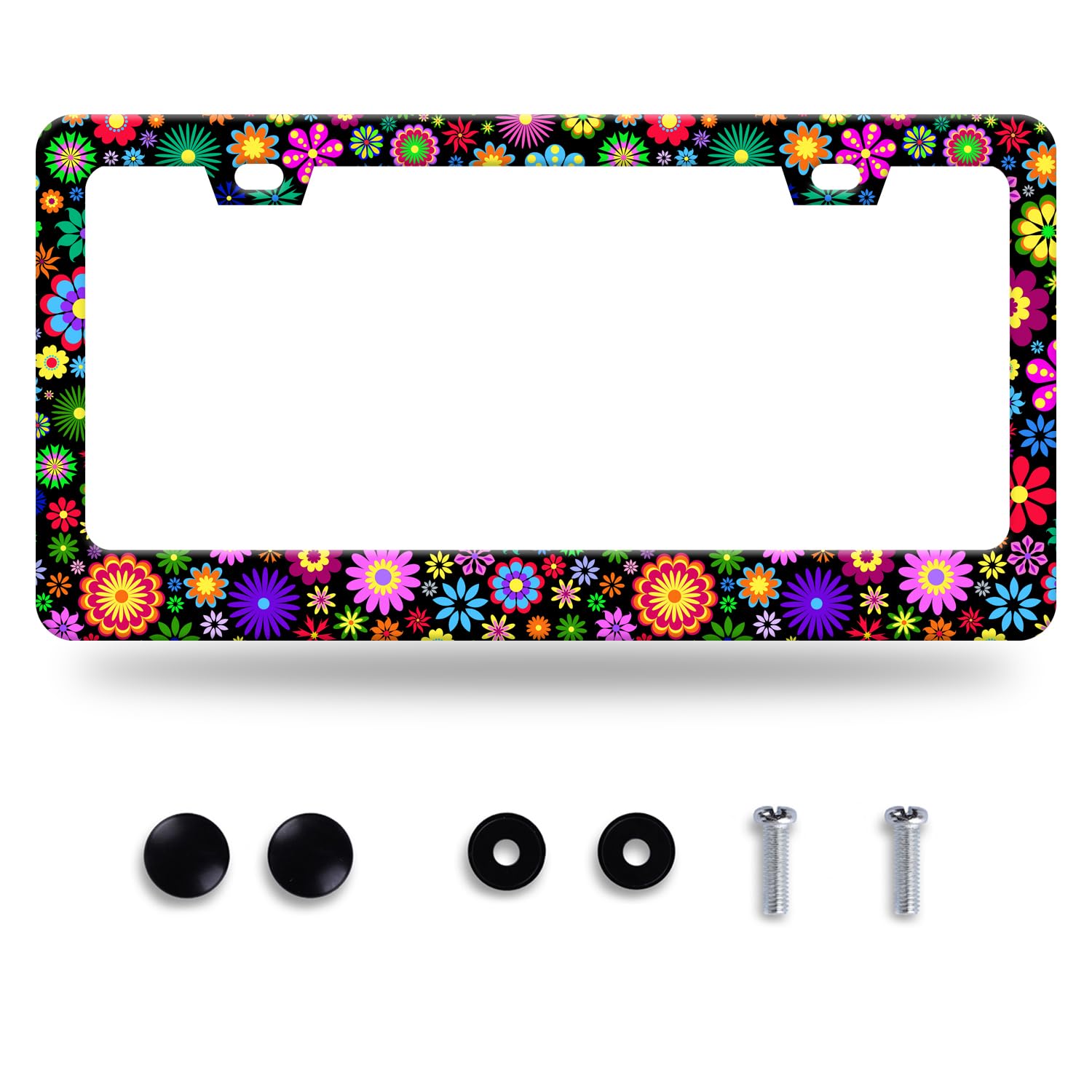 Brilliant Floral License Plate Frame Personality Colorful Rich Stainless Steel Anti-Rust Accessories Decoration USA Canada Universal Frame Size 12.3 X 6.3 Inches Suitable for Boys and Girls Gifts