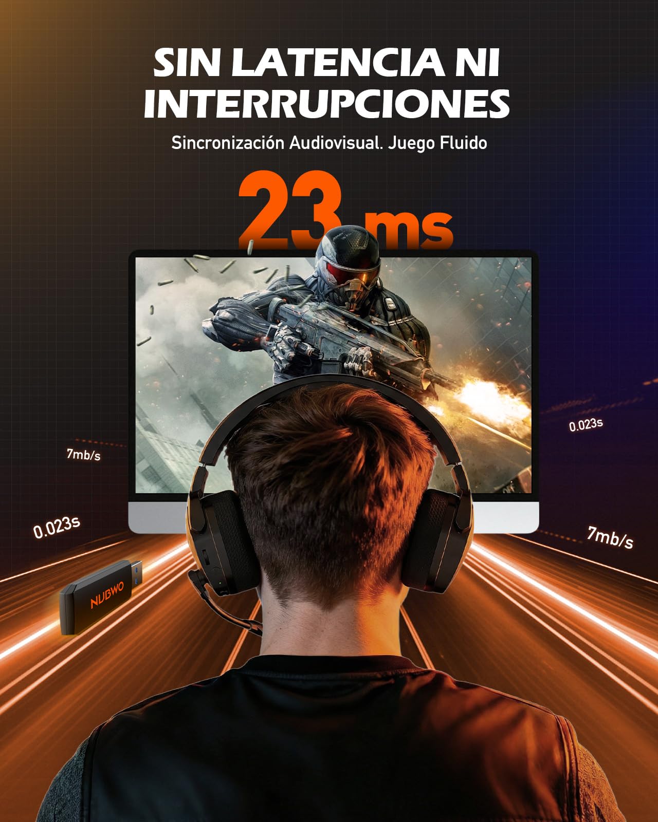 NUBWO G06 Cascos Gaming Inalámbricos con Drivers de 50 mm para PC/Ps5/Ps4/NS/Mobile,Auriculares Gaming Inalámbricos con 2.4 GHz+Bluetooth 5.3 Modo Dual,7.1 Sonido Envolvente,Duración 100Hr+ - Naranja