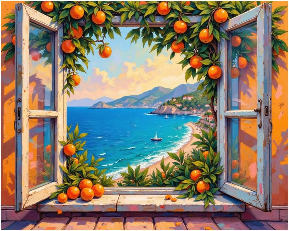 EnLvYY View from Window Framed by Oranges with Seaside and Sailboat, 16x20 Inch DIY Paint by Numbers Kit for Adults, Beginner Art on Canvas, Unframed, Gift for Nature and Travel Lovers