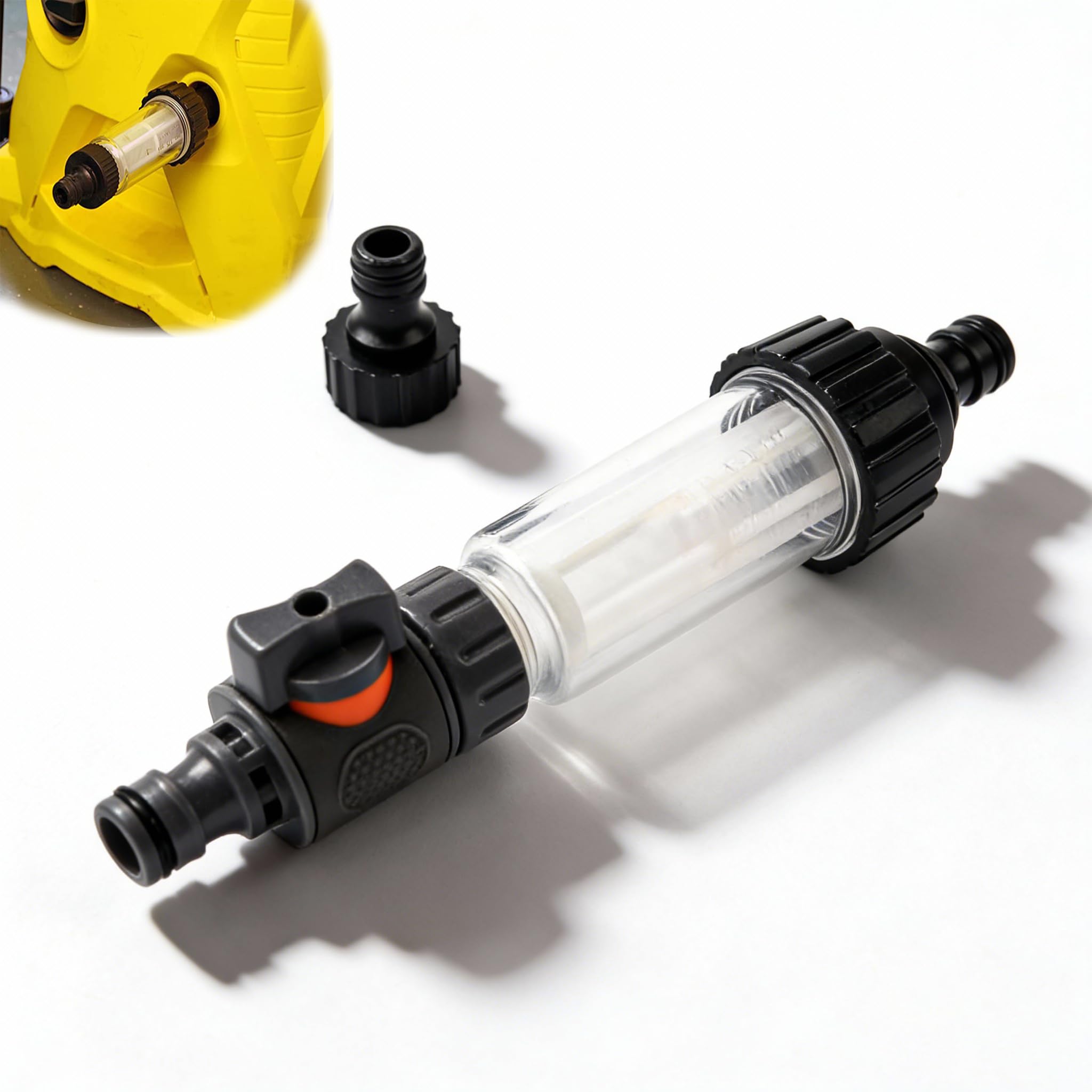 Prefiltro Agua 3/4 Pulgadas, Filtro Limpiador Alta Presión | Filtro de Agua para Jardin, con 2 Conexiones Flexibles para Hidrolimpiadora, Bomba de Jardín, Autocaravana y Camping