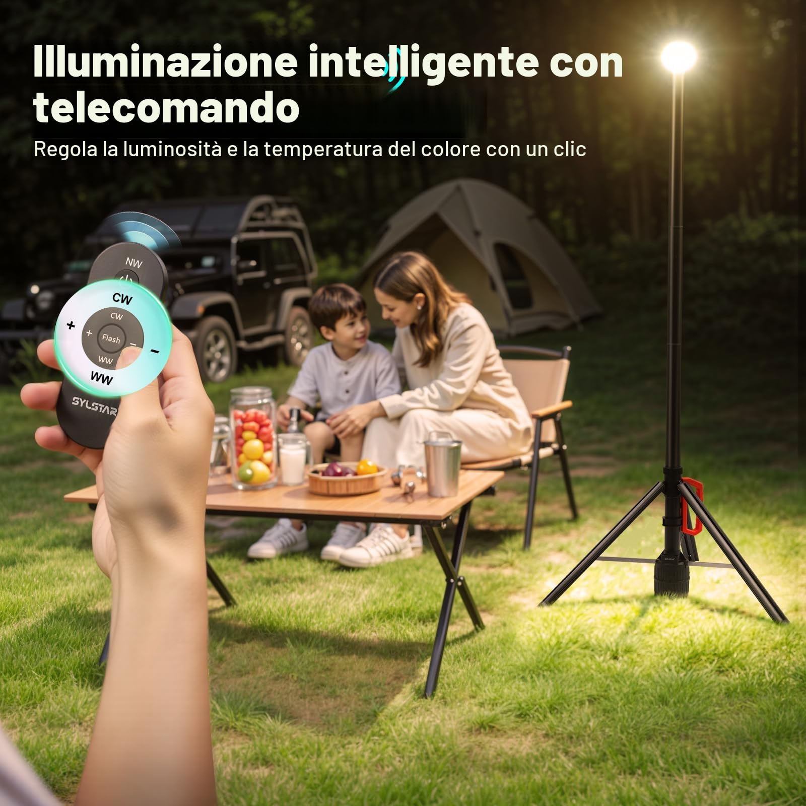 SYLSTAR Faro LED Ricaricabile con Telecomando e Treppiede Telescopico (2,65 m), 3000LM Ultra Luminoso Faretto a Batteria, 3CCT Regolabile, Faro da Cantiere per Officine Sport Campeggio Emergenze