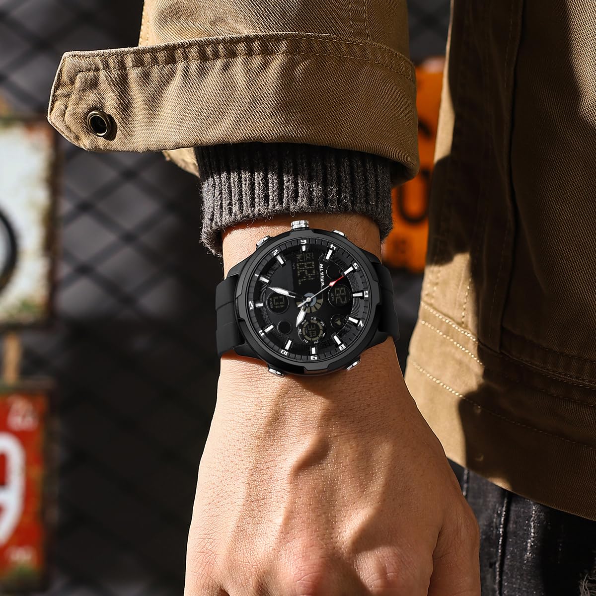 findtime Orologio sportivo da uomo, doppio fuso orario, analogico, digitale, militare, impermeabile, tattico, casual, 50 mm, con sveglia luminosa a LED, snooze, cronometro, lunetta in lega