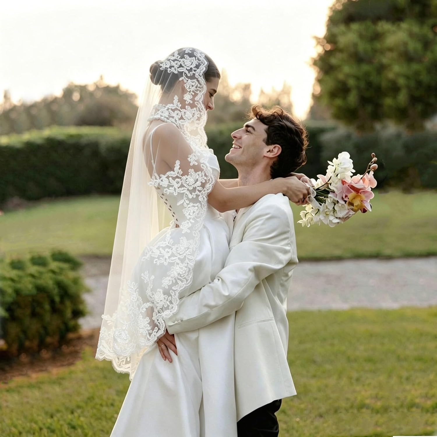 Cathedral Length Wedding Veil Lace Veil Soft Tulle Bridal Veils with Comb 118" (Off White)