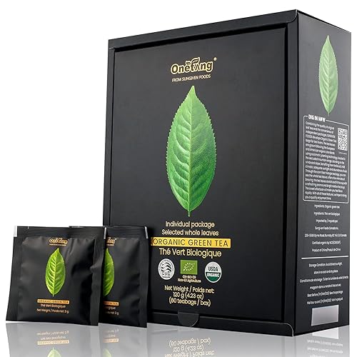 ONETANG Hojas de té verde orgánicas 60 bolsas de té envueltas individualmente té verde 100 natural ricos en antioxidantes bolsa de té verde orgánico