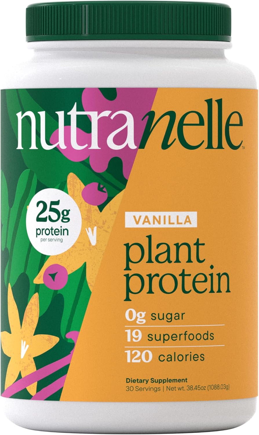 Nutranelle Vanilla Protein Powder - 25g Vegan Protein Powder with Greens - Unsweetened & Gluten Free Plant Based Protein - Gluten Free Nutrition Made in USA - Perfect for Smoothies, Shakes & Recipes