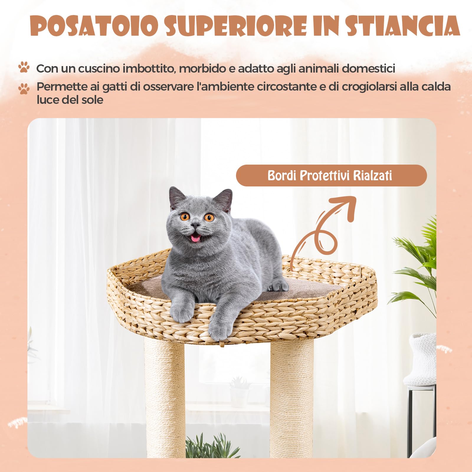 GYMAX Tiragraffi per Gatti, 60 x 48 x 131 cm, Intreccio a Mano di Giunco, Tronco in Sisal, Ideale per Gatti Grandi Adulti Medi Piccoli (Stile 7)