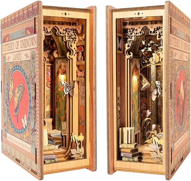 Cutefun Butterfly Book Nook Kit DIY Dollhouse Book Nook Bookshelf Insert Decor Alley,3D Wooden Puzzle Bookends Model Building Kit with LED Light Butterfly of the Unknown Land BK01