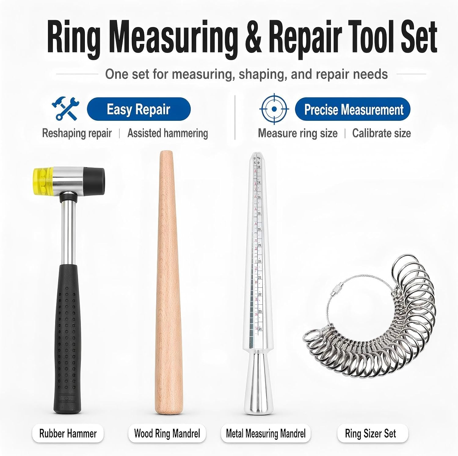 HEYMOUS Ring Mandrel Metal Ring Sizer Set with Jewelry Rubber Mallet Hammer Rings Size Measuring Tools Finger Gauge Wood Ring Shaper Tool Jeweler's Repair Kit