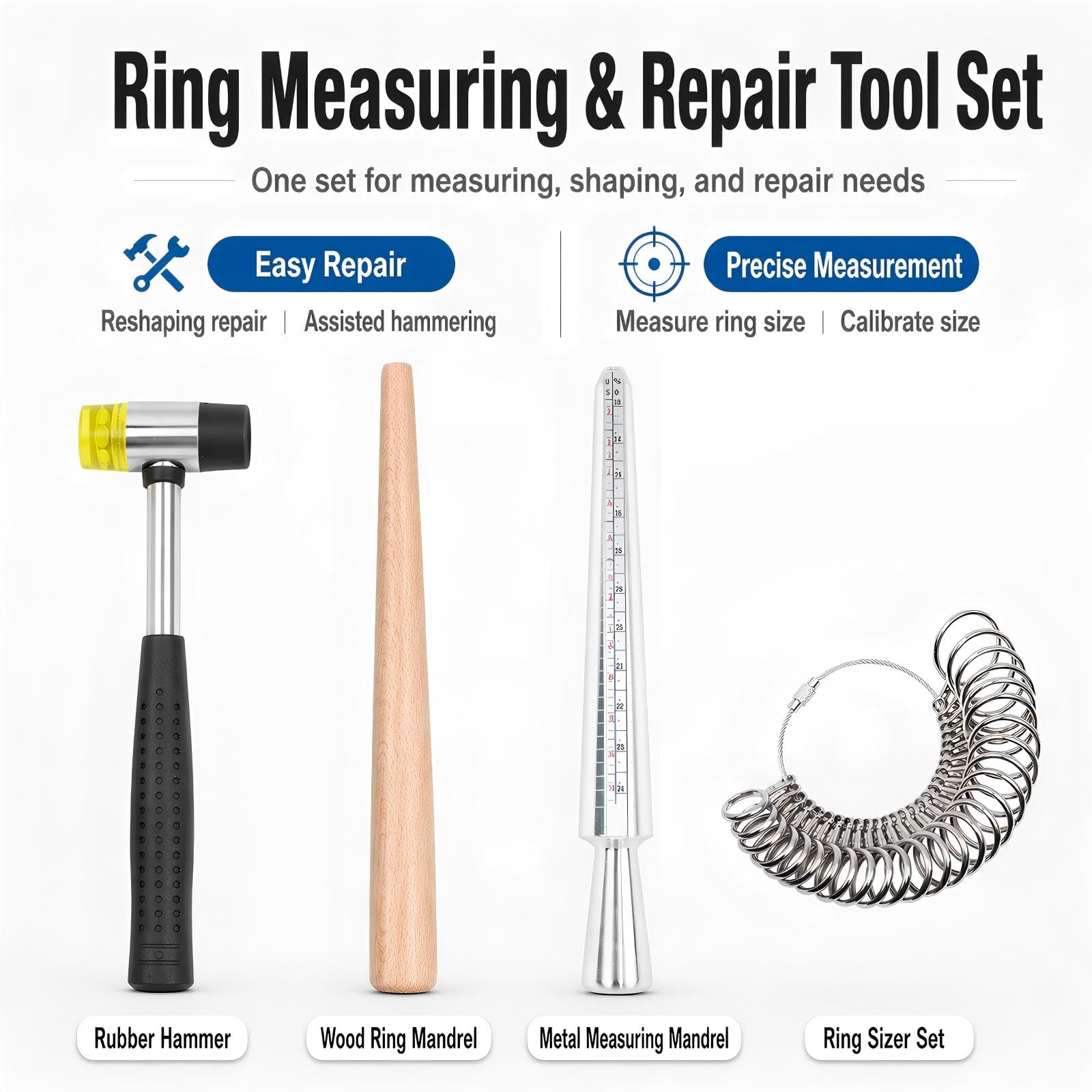 Ringdorn Metall Ringmaß Set mit Schmuck Gummihammer Hammer Ringe Größe Messwerkzeuge Fingerlehre Holz Ring Shaper Werkzeug Juwelier Reparatur Kit
