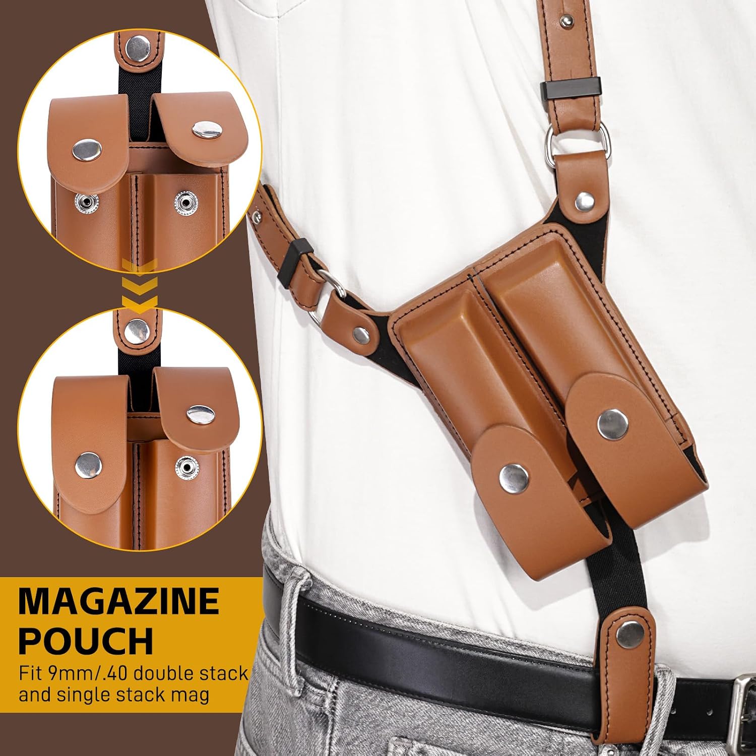 Shoulder Holster for Men with Double Magazine Pouch Horizontal Leather Gun Holster for EDC Concealed Carry Fits 1911 Glock 17/19/23 and Most Pistols for Right Hand Use
