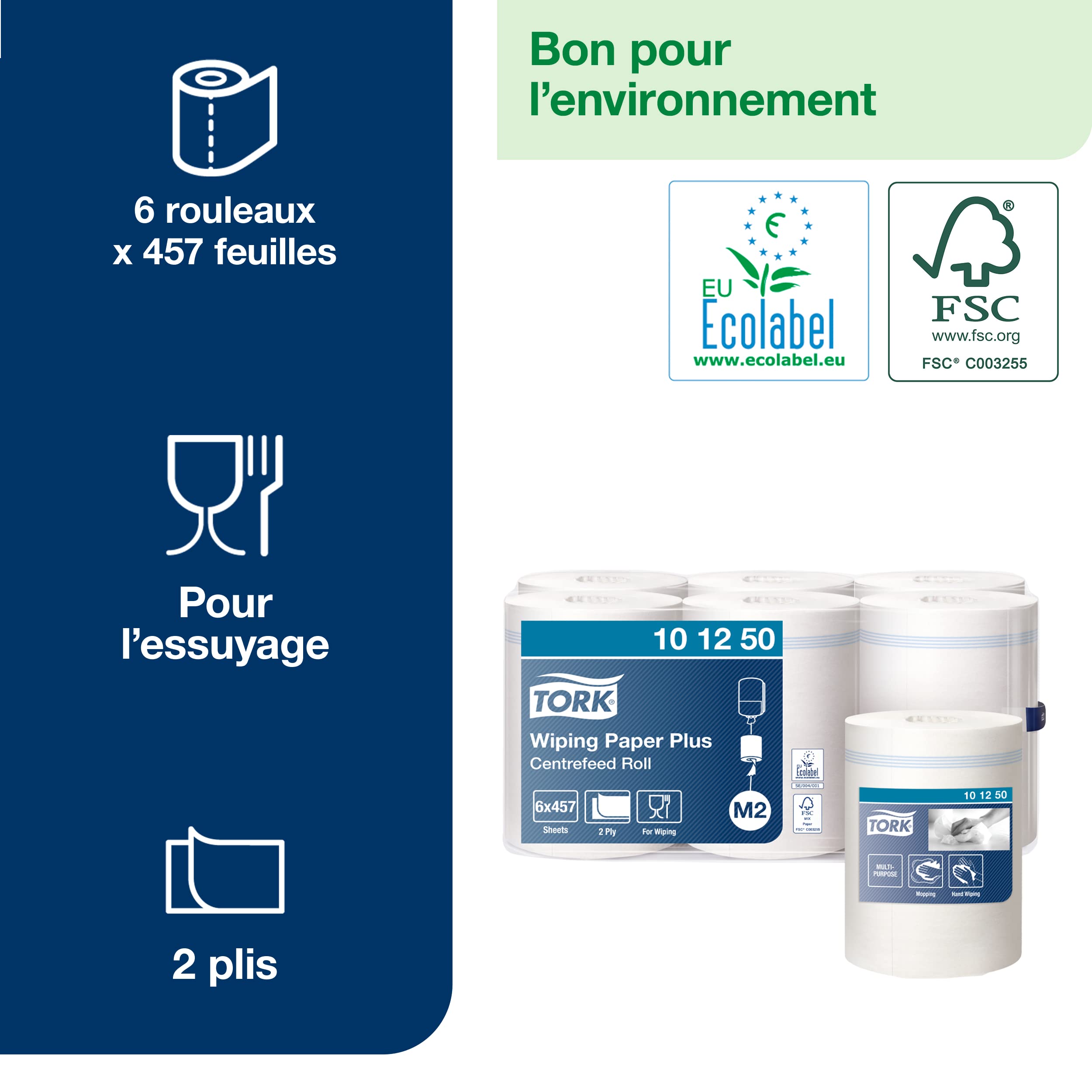 Tork Papier d'Essuyage Plus à Dévidage Central blanc M2, absorbant, 6 x 457 feuilles, 101250