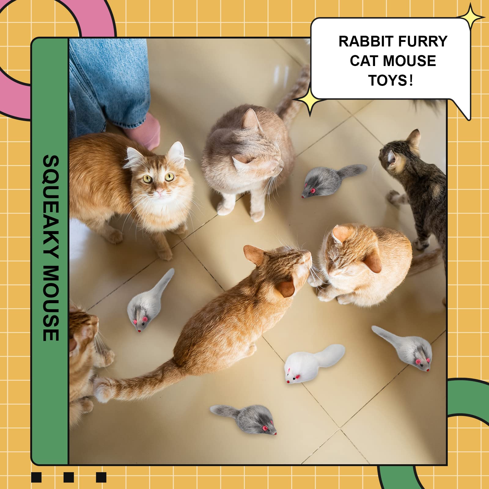 60 ratones peludos interactivos para atrapar ratones de piel de conejo y gato, juguete sonajero de peluche para gatos y gatitos PET, 3 colores