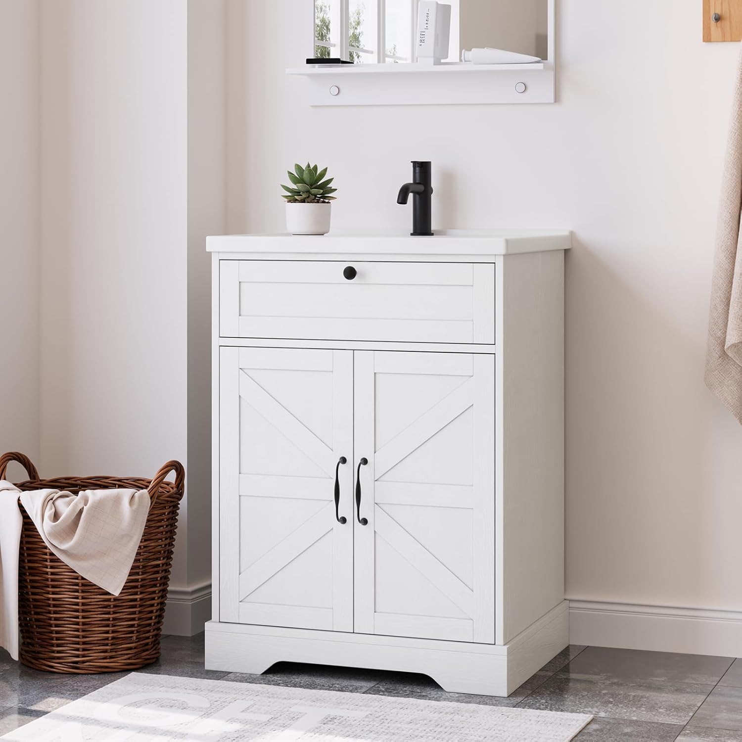 Smart FENDEE 23.62" Bathroom Vanity with Ceramic Sink, Farmhouse Bathroom Vanity Cabinet with Barn Door & Drawer, Freestanding Floor Storage Cupboard with Sink Combo Set, Walnut Color
