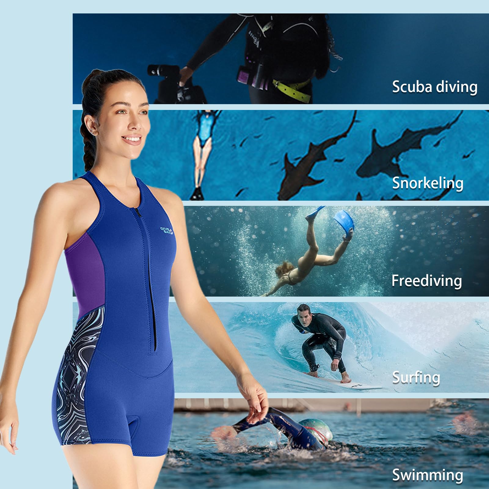 Traje de neopreno corto sin mangas para mujer, traje de baño de una pieza de 2 mm, cremallera frontal para natación, buceo, surf, deportes acuáticos