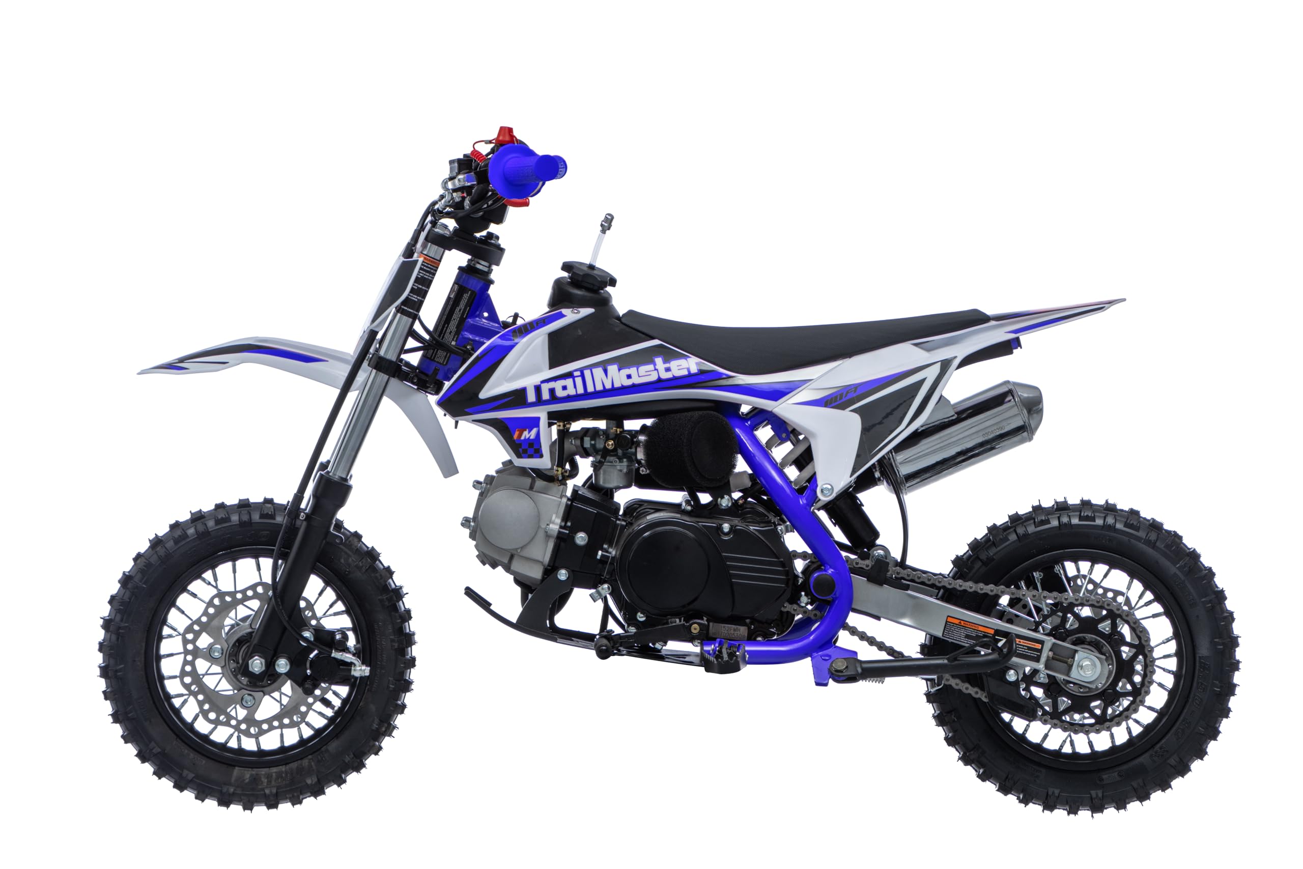 Side view of the Trailmaster TM10 Kids Dirt Bike, blue and white, showcasing the engine, exhaust, and full frame.