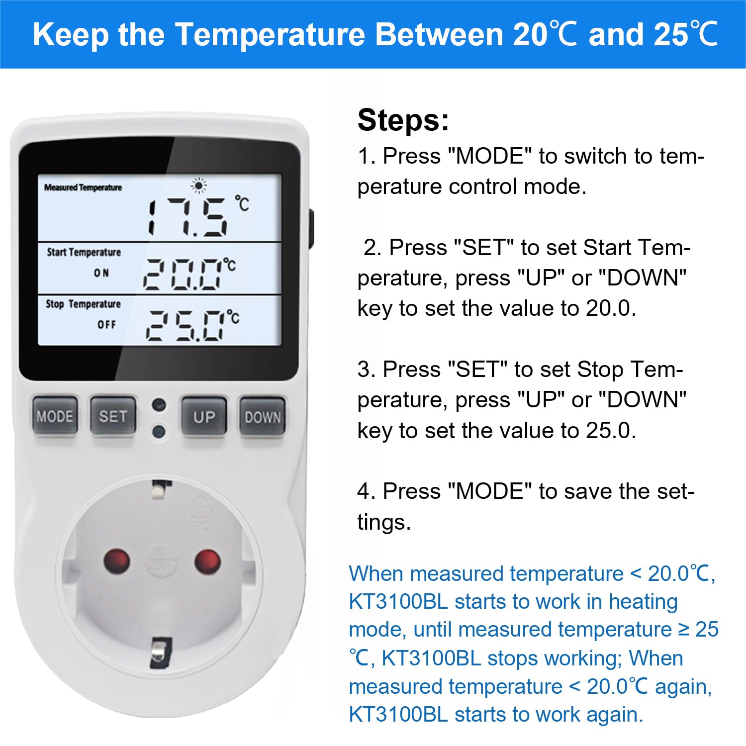 KETOTEK Termostat gniazdko 230 V z podświetleniem, cyfrowy regulator temperatury, gniazdko z czujnikiem 3 m, ogrzewanie, chłodzenie, sterowane temperaturą, gniazdko 220 V