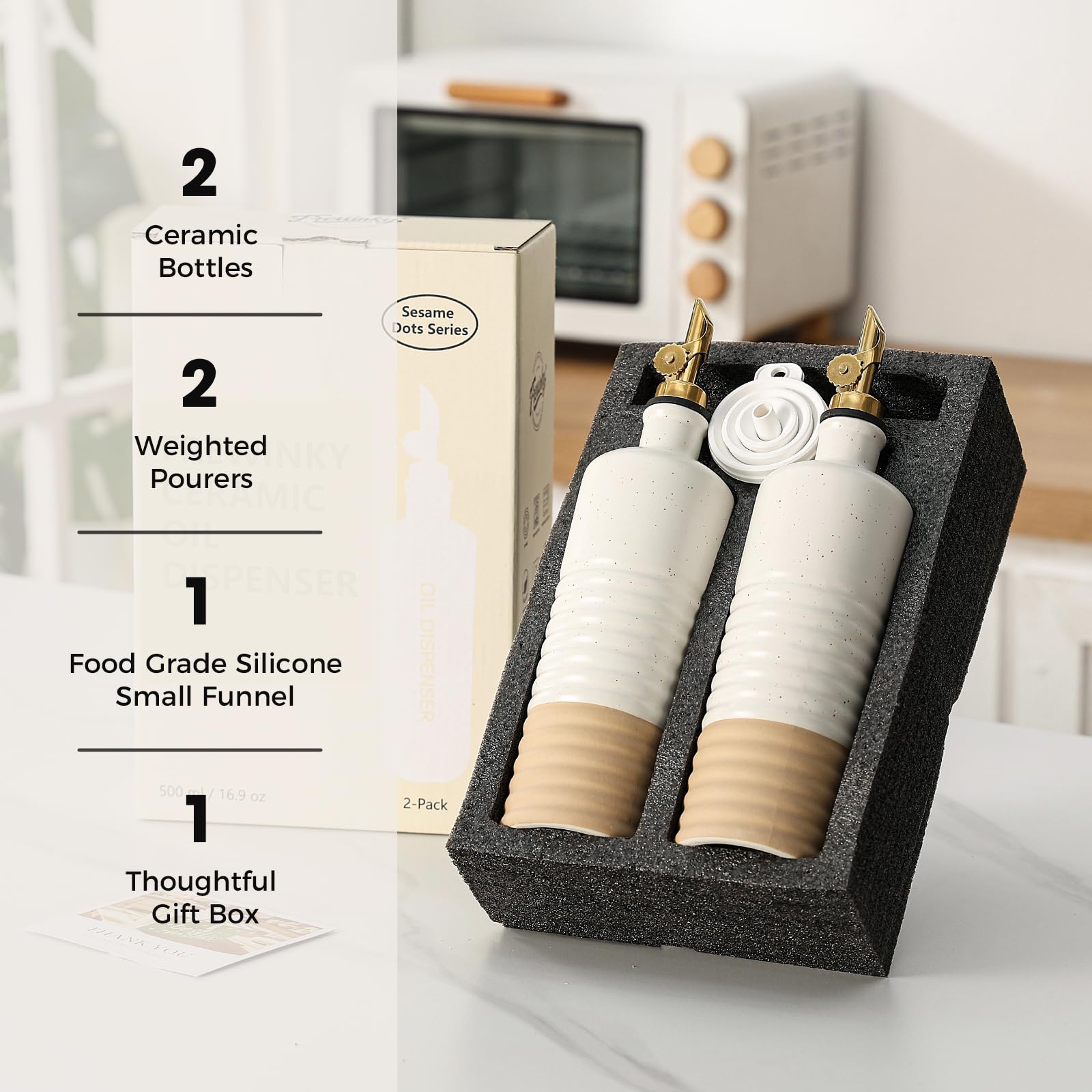 Frewinky Botellas dispensadoras de aceite de oliva de cerámica de 16.9 onzas, juego de 2 con boquillas | Dispensadores de aceite de gres para cocina con boquillas automáticas y embudo para aceite, vinagre y servir mesa.
