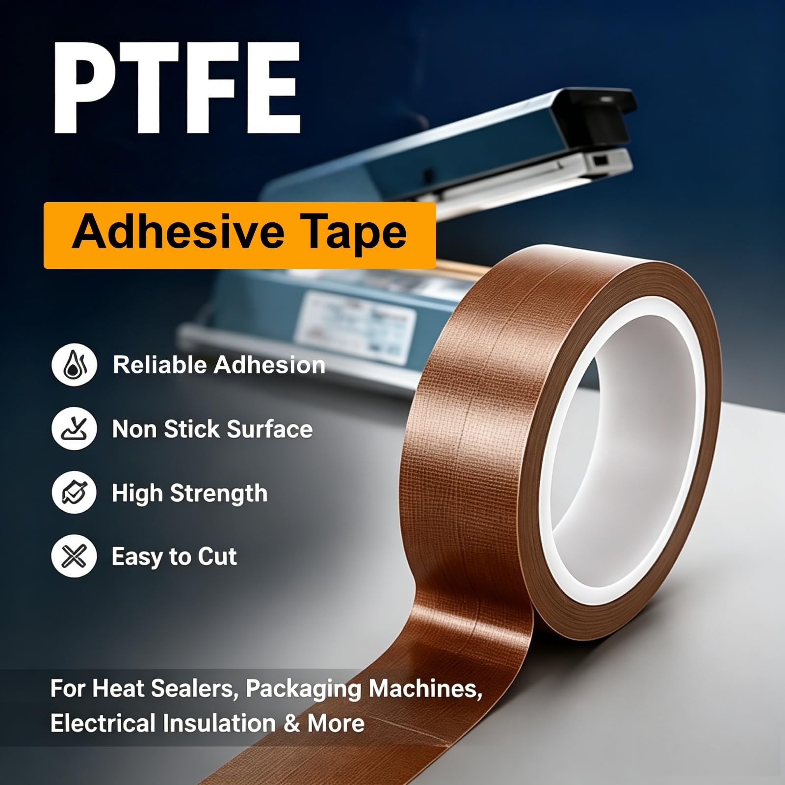 Nastro Adesivo in PTFE 200 x 0,13 mm in Tessuto di Vetro per saldatrici a Caldo | Nastro in fibra di vetro rivestito in PTFE con adesivo in silicone per sigillatrici di sacchetti e lavorazioni in officina.