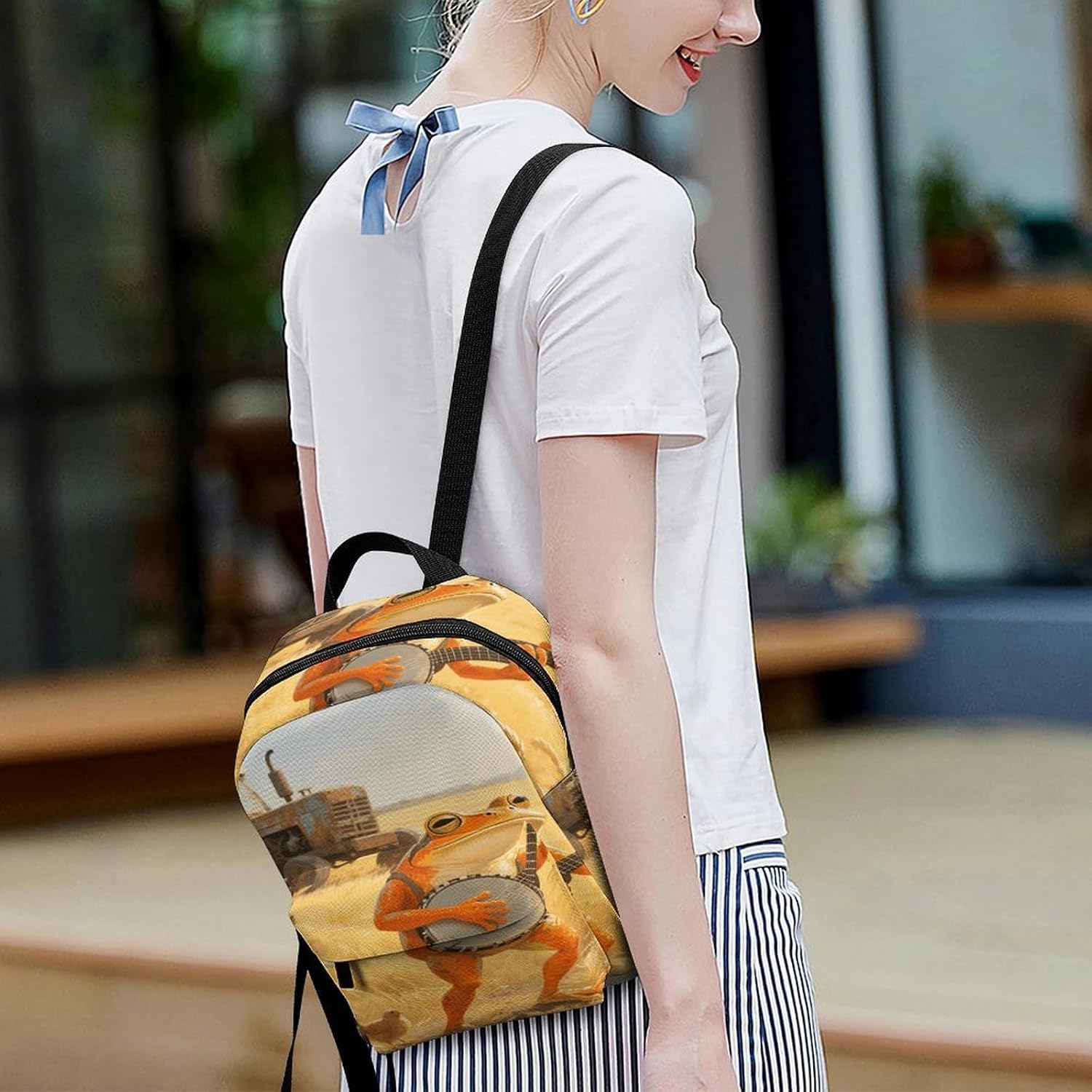 Orange Frog Playing Banjo Mini Backpack Purse for Women | Waterproof durable oxford cloth casual daypack, lightweight small rucksack for work travel outdoor camping daily use & gift