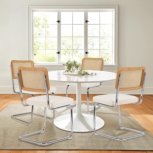 COLAMY Mid Century Modern Dining Chairs Set of 4, Velvet Rattan Dining Room Kitchen Side Chairs with Upholstered Seat and Metal Chrome Legs for Home, Living Room, Bedroom - Beige