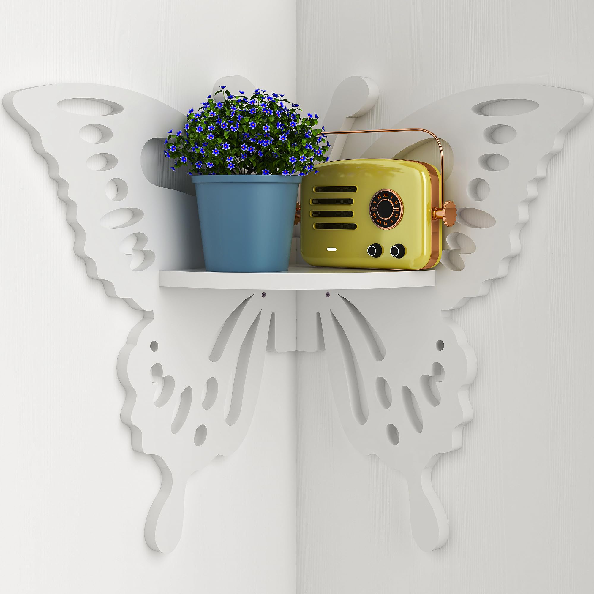 Butterfly Corner Shelf Nursery Wall Deor Floating Corner Shelf for Kid’s Room, Small Cute Decorative Shelf Wall Mounted, White Hanging Hollow Out