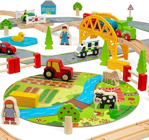 Miniatura 3 de Bigjigs Rail Juego de tren de madera de 80 piezas para carretera rural y ferrocarril, juego de tren para niños con 80 accesorios de tren Bigjigs