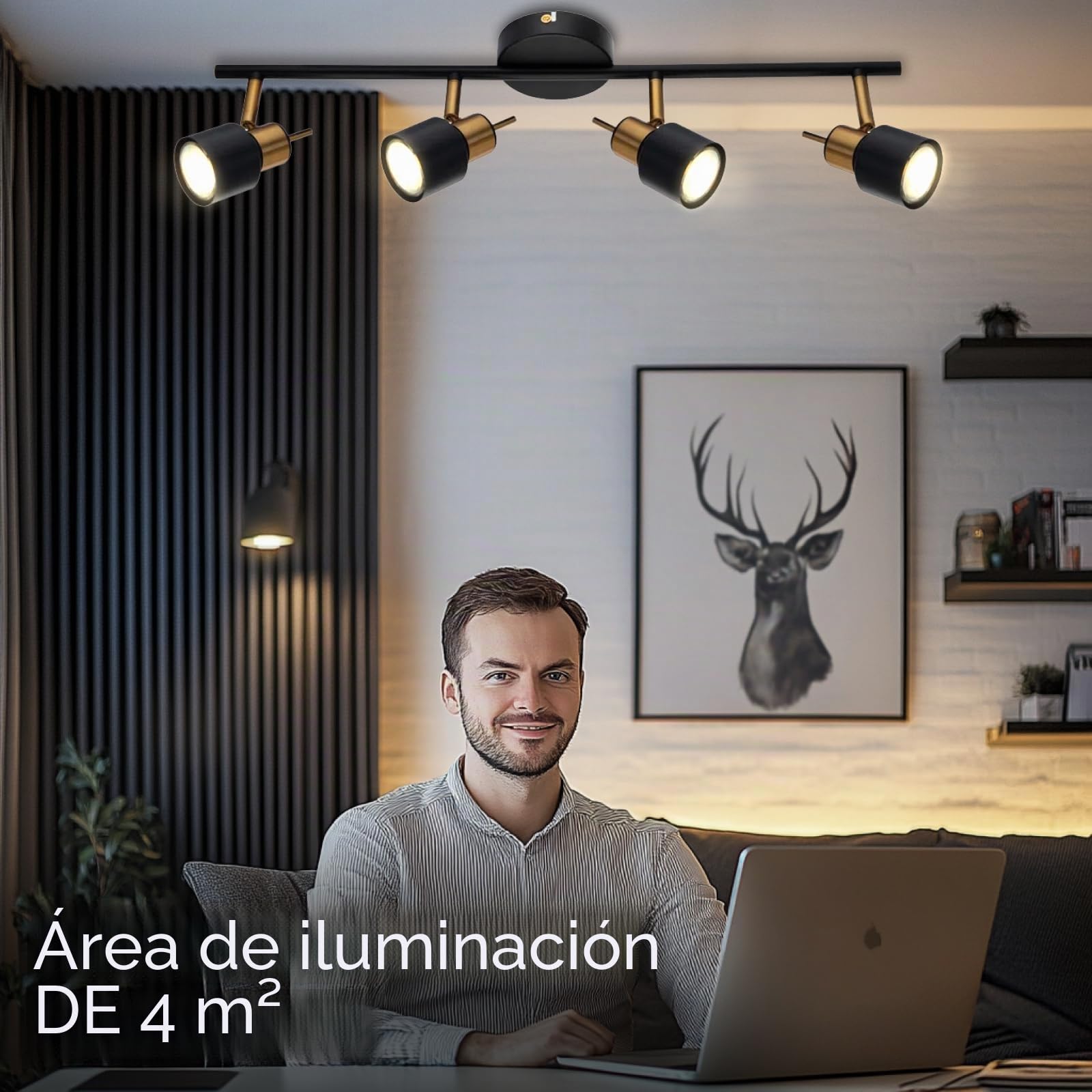 Lámpara de techo con 4 focos orientables, metal, focos LED de interior para pasillo y cocina