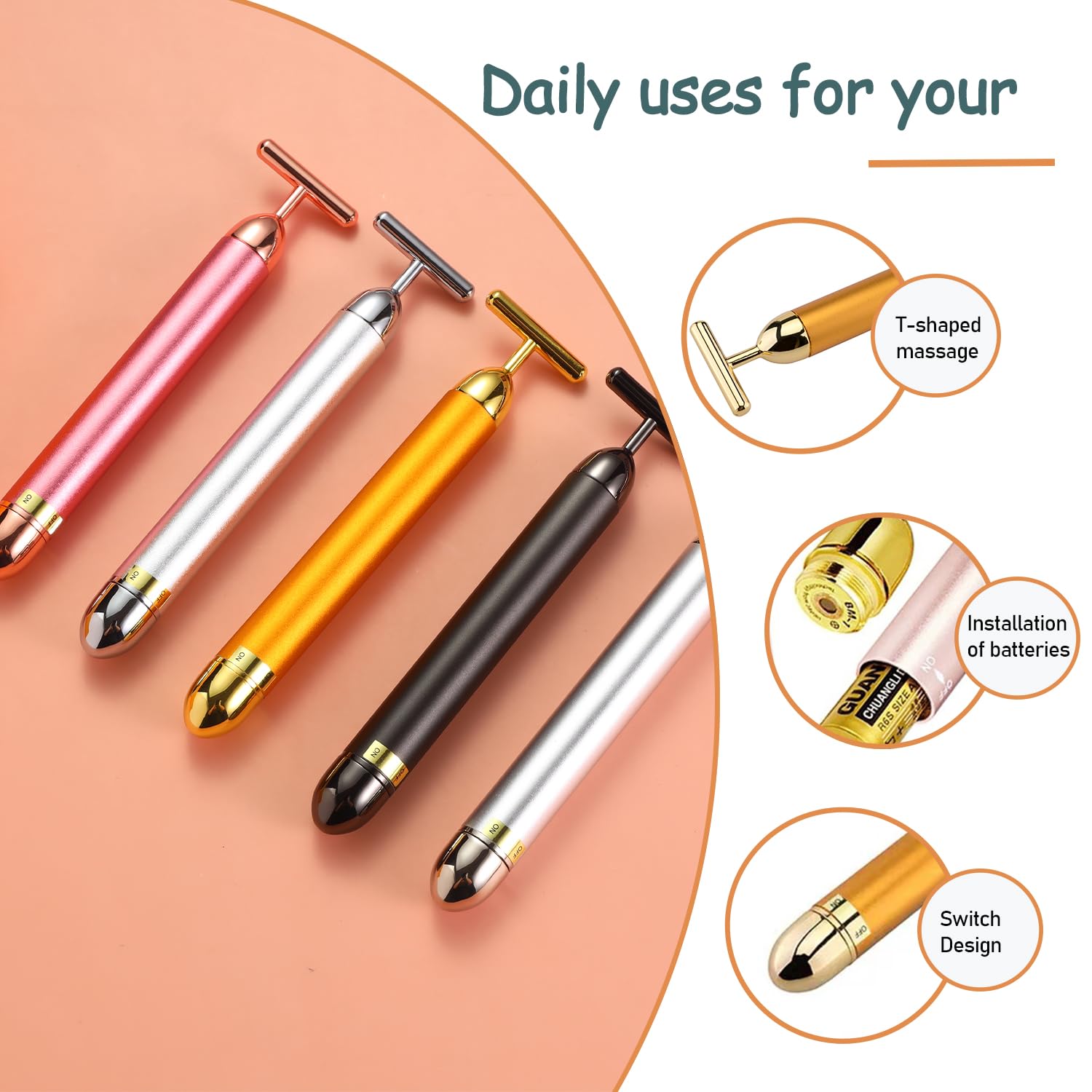 Beauty Bar 24K Gold Gesichtsmassagegerät - Gesicht T-Form Werkzeug zur Hautpflege Straffung mit ergonomischem Design (Grau)