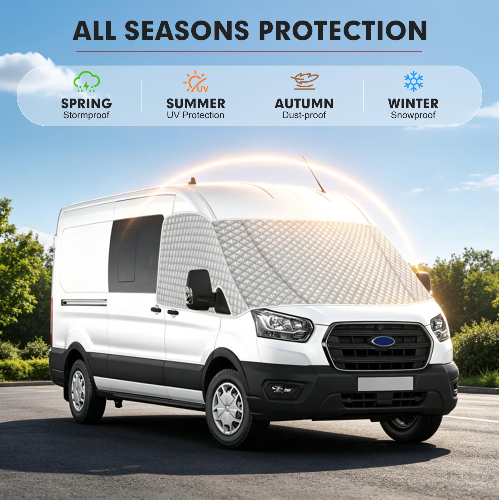 Scheibenabdeckung Kompatibel mit Ford Transit 2015-2025 MK8 & MK9, Wohnmobil-Frontscheibenabdeckung mit Tasche, Ganzjahresschutz