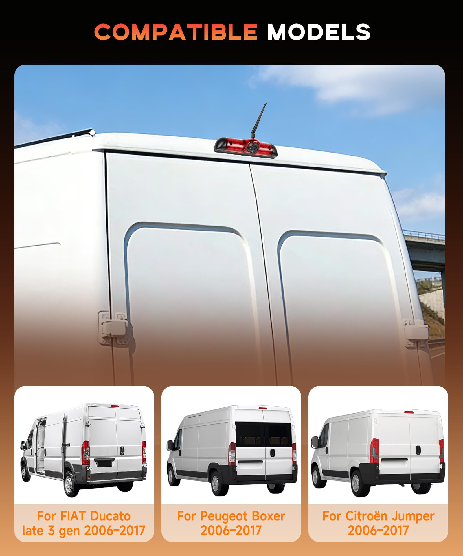 Rimoody Inalámbrica Cámara de Marcha Atrás para FIAT Ducato 3/Peugeot Boxer/Citroen Jumper 2006-2017, 7 Pulgadas Monitor, Cámara para Tercera Luz de Freno Visión Nocturna Impermeable 68 Vídeo en bucle