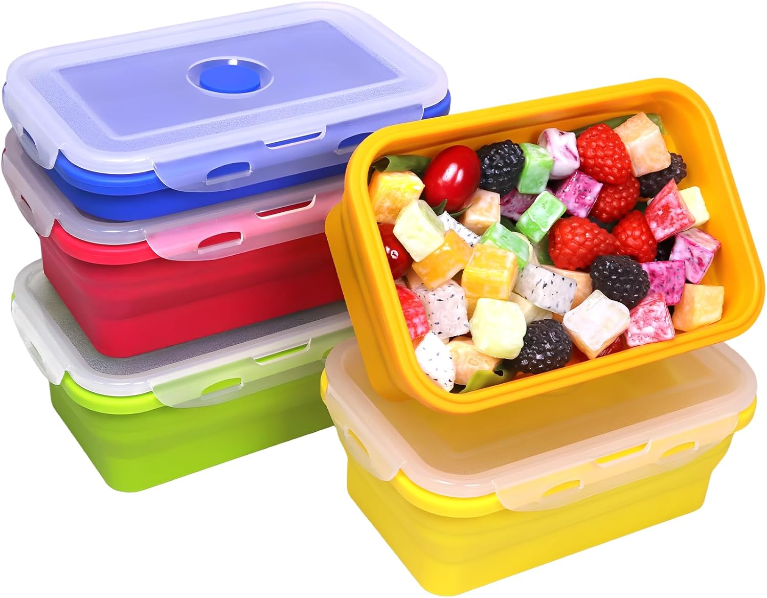 5 Pack Collapsible Silicone Food Storage Containers with Leak-Resistant Lids, 27oz Bento Lunch Boxes, for Kitchen, Office, Camping, Travel, BPA Free