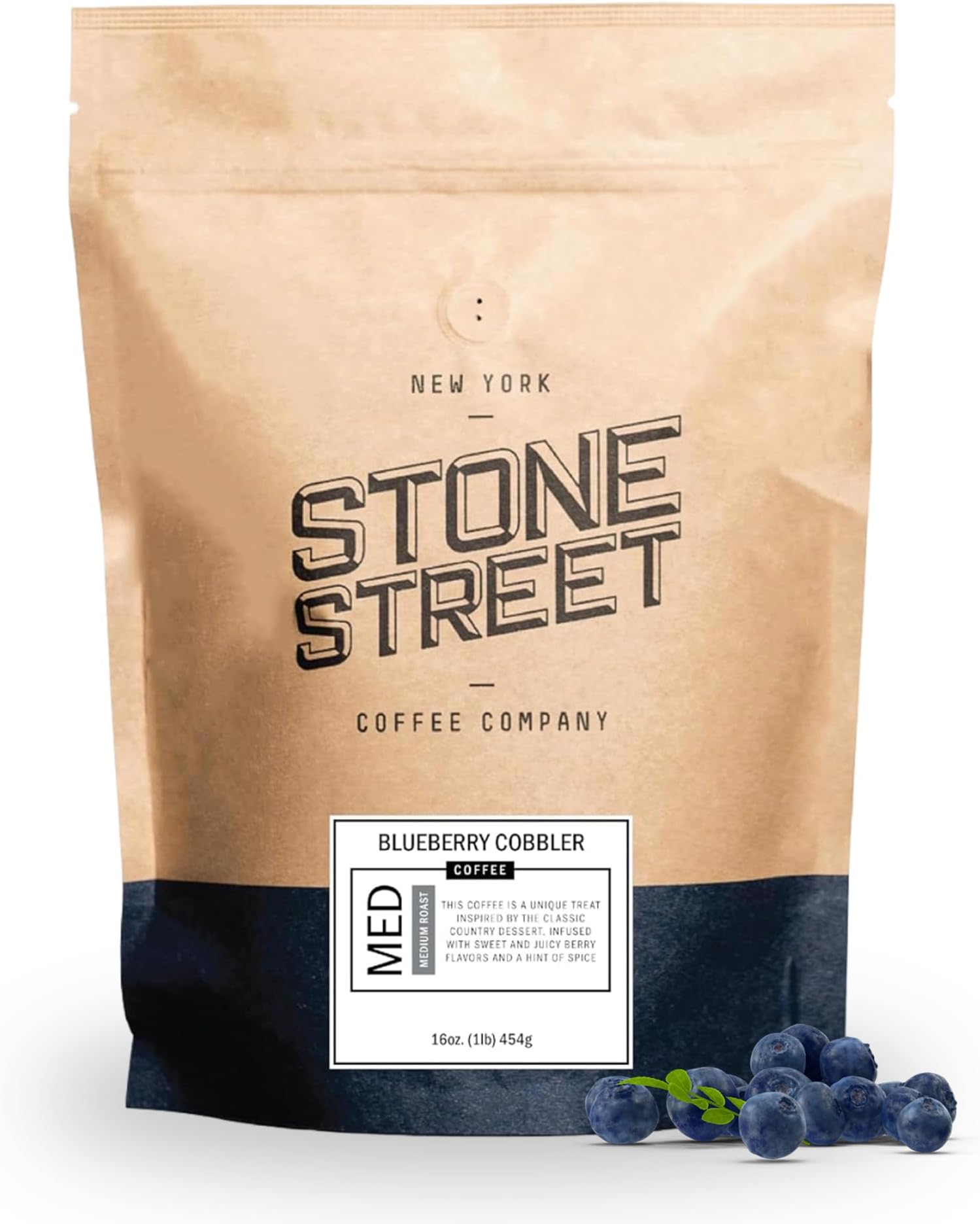 Stone Street Flavored Ground Coffee, Blueberry Cobbler, Freshly Roasted, 100% Colombian Arabica, Gourmet Coffee, Medium Roast, Sweet Berry Dessert Flavor, 1 LB