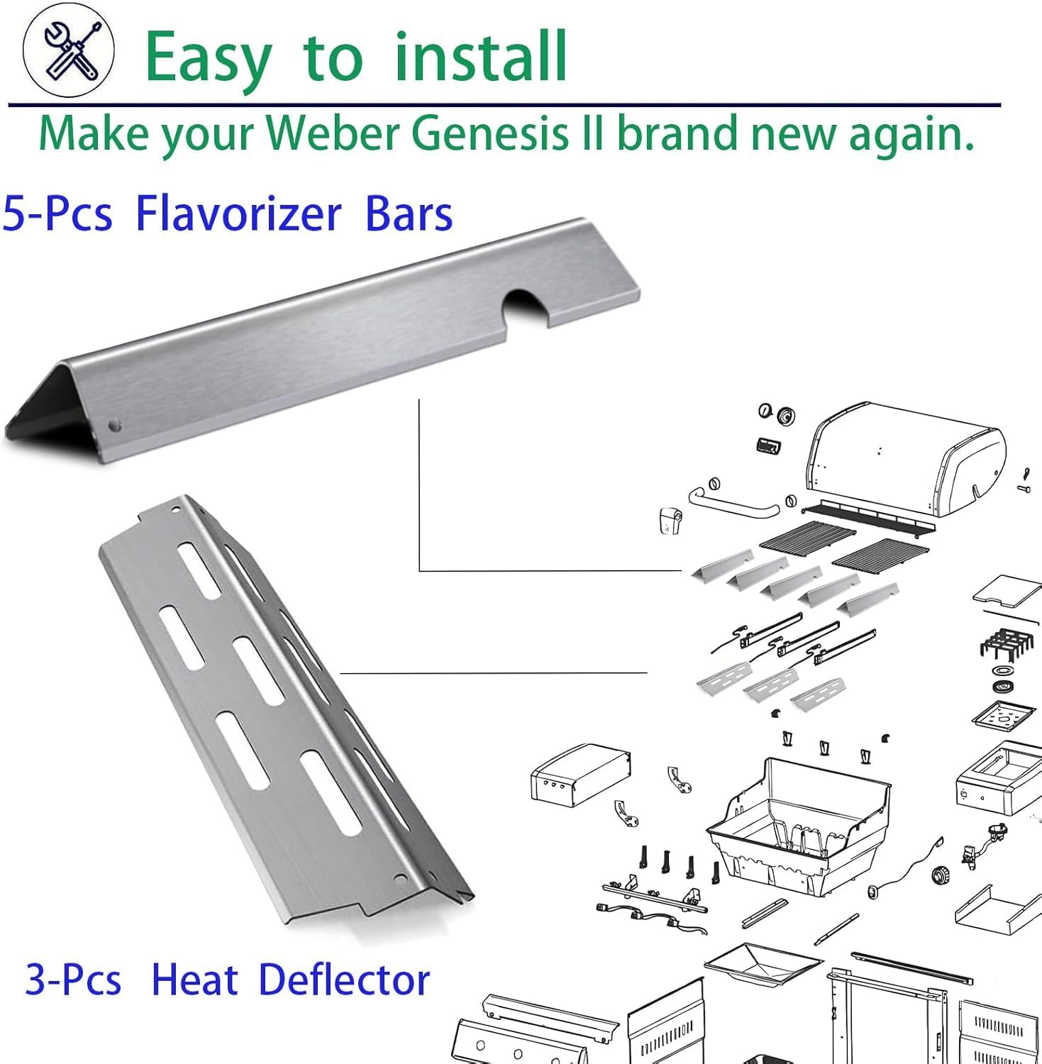 Genesis ii Flavorizer Bars Heat Deflector Grill Replacement Part for Weber Genesis 2 Grill Parts GS4 Flavor Bars II/Lx 300 Series ii E-310 ii S-310 ii SE-310 E-315 S-335 Weber 66795 66032 66685 66040