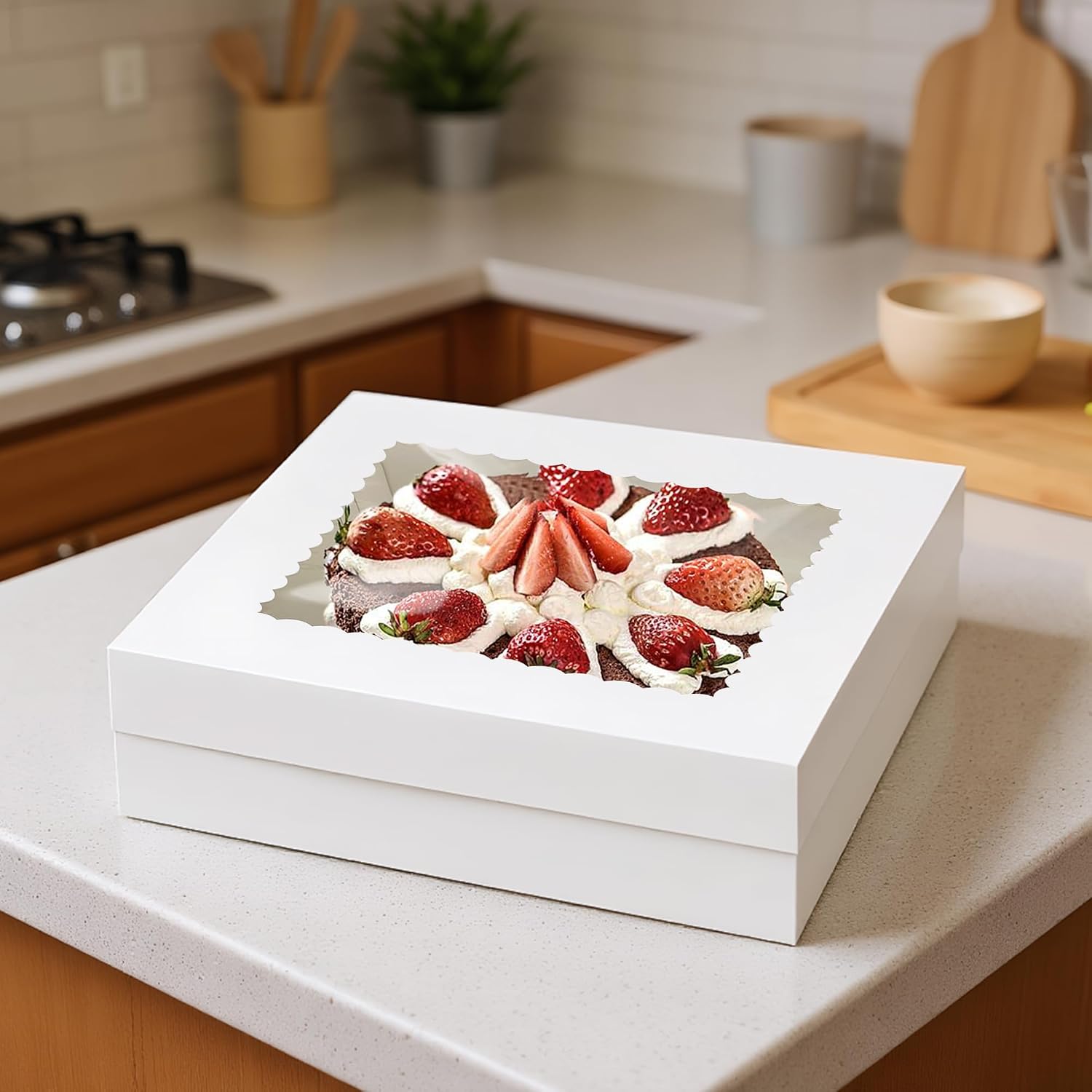 KEEPARTY 10 PCS 14x14x4 Inch White Cake Boxes with Window Large Bakery Box for Cake Cupcakes Donuts Cookies Dessert Pastry Baking Pie Packaging for Birthday Wedding Party
