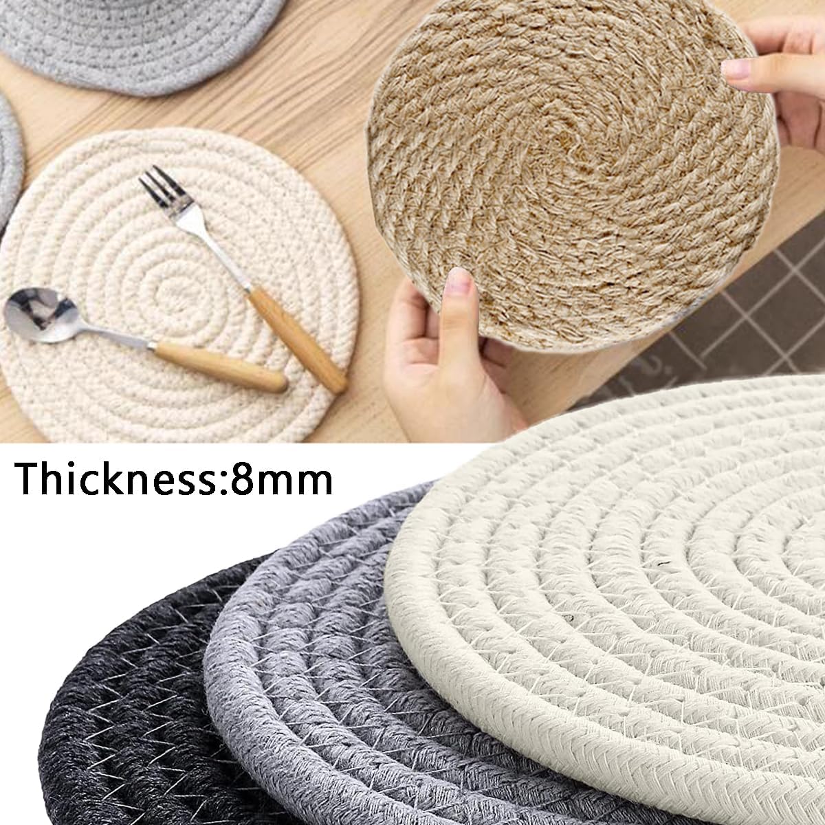 Zhiheng 5 Pack Round Coaster Potholder Cotton Braided Trivets Coffee Cup Mat Drink Tableware Hot Pots Placemats for Cooking Baking Housewarming Party Table Decorations (10inch,Linen)