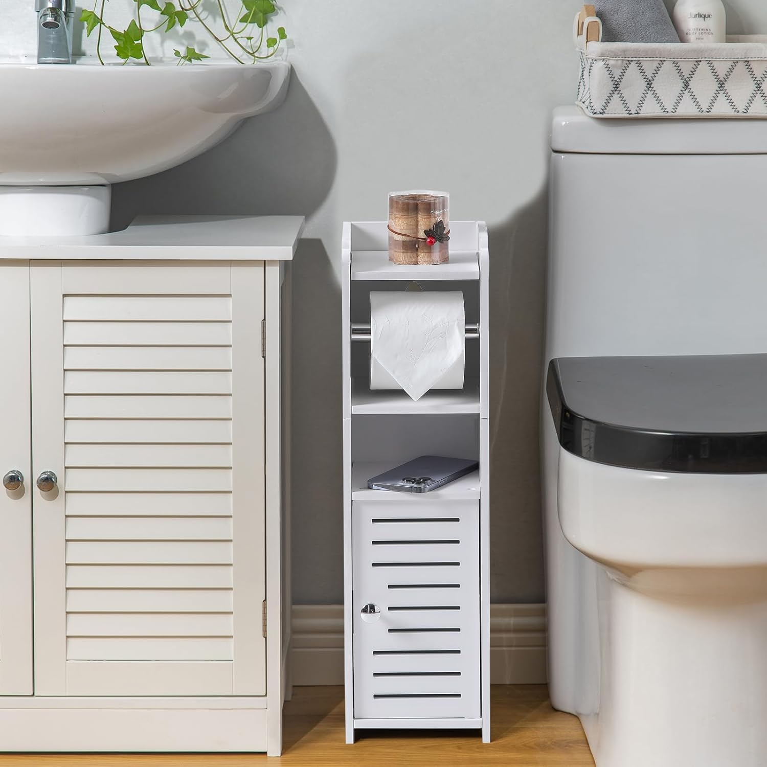 AOJEZOR Toilet Paper Holder Stand: Bathroom Storage Cabinet for Small Space with Toilet Roll Holder Mini - White 23.2H inch Pure White